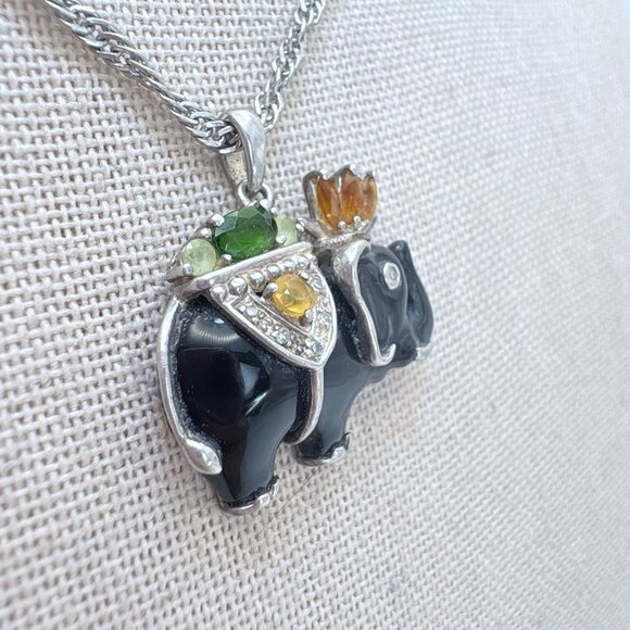 VTG Sterling Silver 925 Multi-Gemstone Elephant Pendant Necklace Size 24" Length - Picture 3 of 13